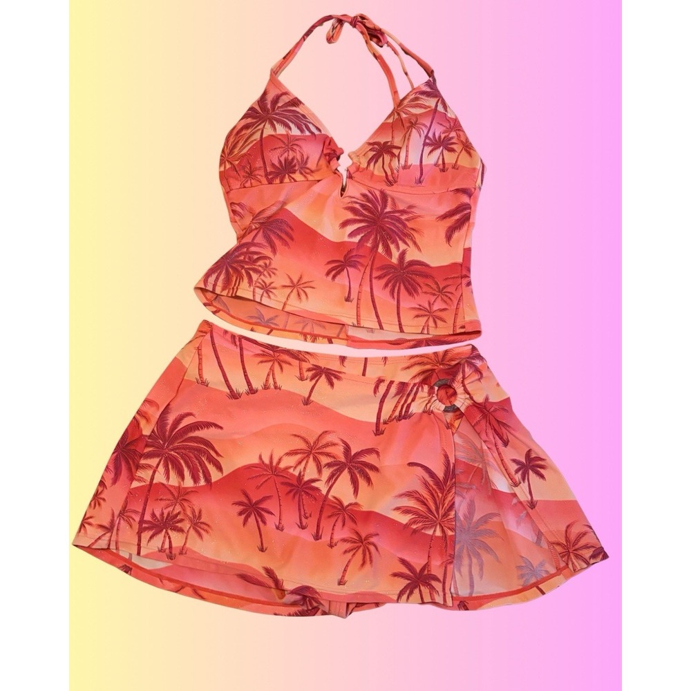 VTG Y2K Ocean Dream 2 Piece Tankini  Surfer Coral Orange Palm Tree Glitter Sz 12